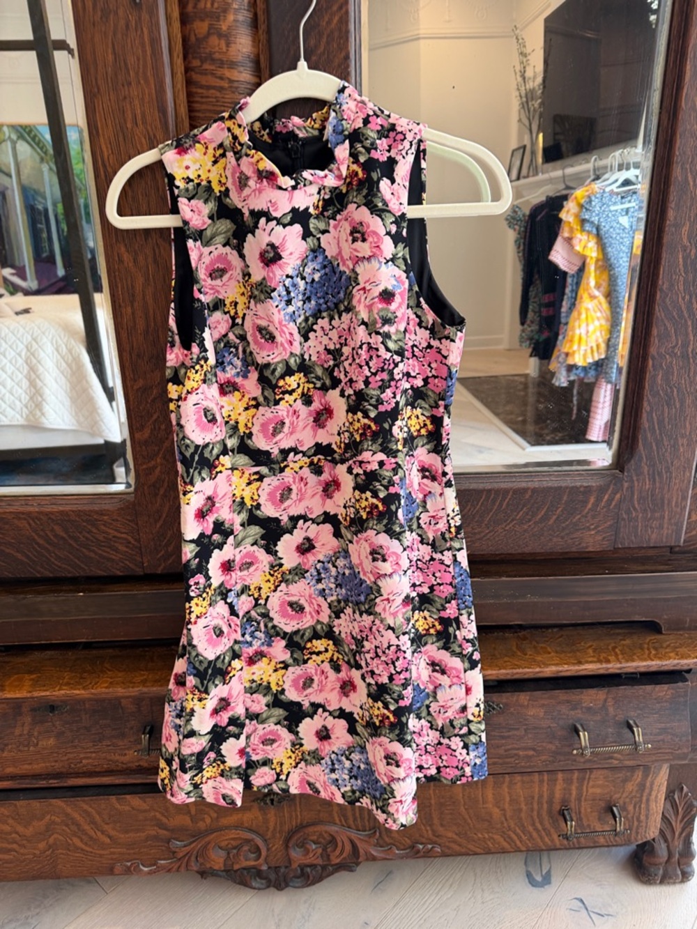 Rebecca Taylor Black Floral Sleeveless Mini Dress with Pink & Purple Blooms